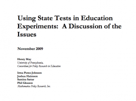 The image features the cover of "Using State Tests in Education Experiments: A Discussion of the Issues. The title is in black text on a white background.