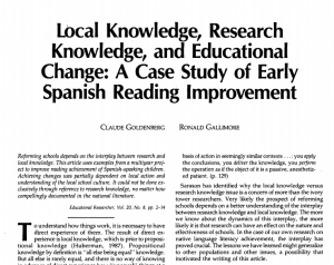 The image features the text from "Local Knowledge, Research Knowledge, and Educational Change: A Case Study of Early Spanish Reading Improvement" on a white background.