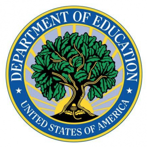 The image features the logo of the United States Department of Education, which has white text over a blue border, and an image of a tree in the middle.