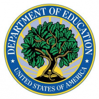 The image features the logo of the United States Department of Education, which has white text over a blue border, and an image of a tree in the middle.