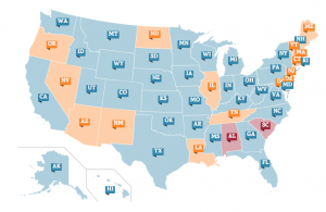 A map of the United States shaded in blue, organe, and red to reflect every state's ESSA plans status with the United States Department of Education. Red shading represents the draft plan was released. Orange represents the plan was approved by USDOE. Blue shading represents the plan was submitted to USDOE.