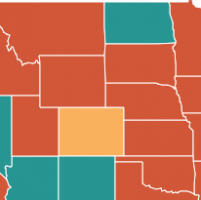 This is a map of the United States, zoomed in on the Rocky Mountains and Midwest regions.