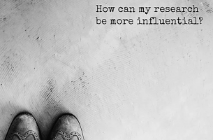 This image features two shoes on the bottom left corner. The right top hand corner shows the question "How can my research be more influential?".
